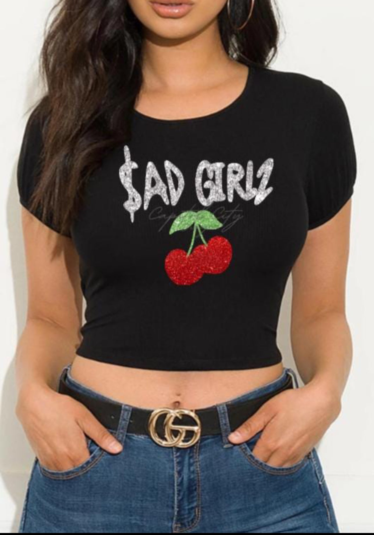 Junior H Cherry Glitter Crop Top