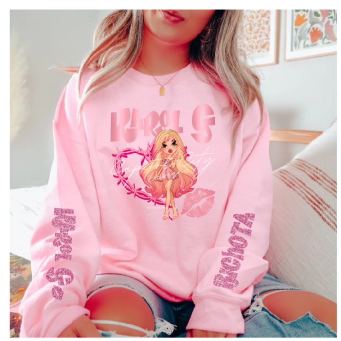 Karol G Bratz Pink Glitter Sleeves Valentines Day Sweatshirt