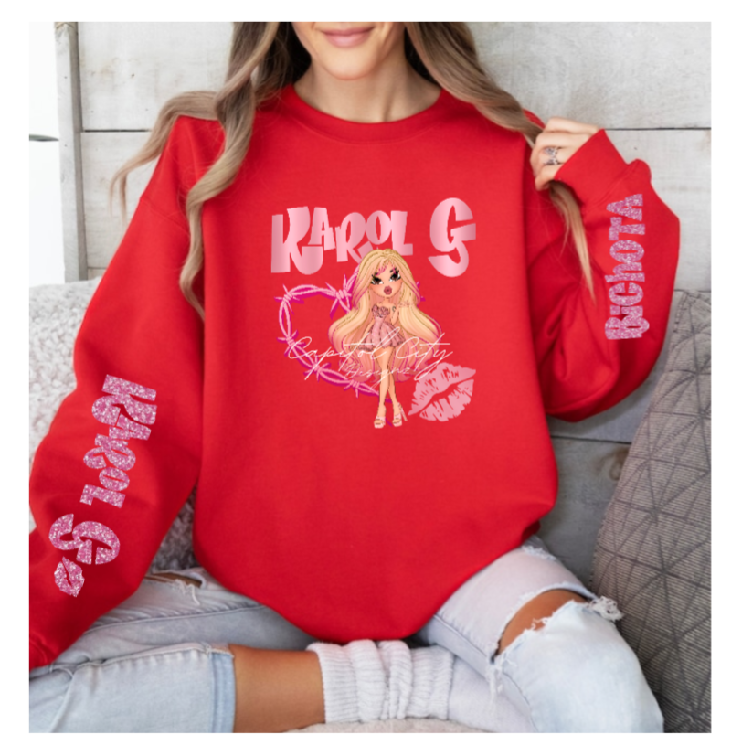 Karol G Bratz Pink Glitter Sleeves Valentines Day Sweatshirt